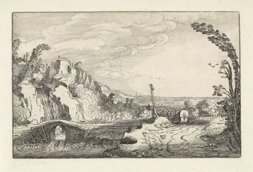 Planwagen auf einem Pfad in einer bergigen Flusslandschaft (Serientitel: Landschaften)