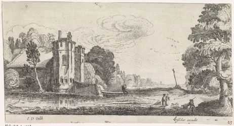 Landschaft mit Figuren bei einem befestigten Haus mit zwei Türmen