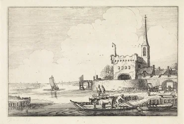 Fähre mit Vieh bei einer Festung in einer Flusslandschaft (Serientitel: Landschaften)