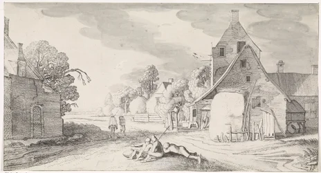 Rastende Bauern entlang eines Weges in einem Dorf
