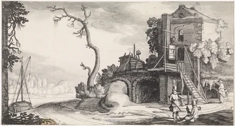 Zwei Falkner bei einem als Herberge genutzten Turm