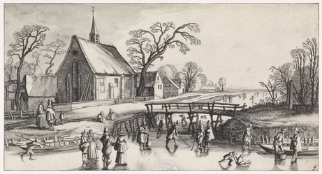 Winterlandschaft mit Schlittschuhläufern bei einem Dorf