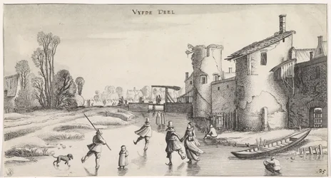 Winterlandschaft mit Schlittschuhläufern bei einer Stadtmauer