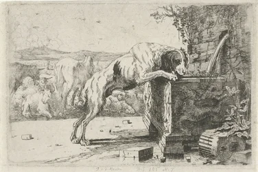 Hund bei einem Brunnen