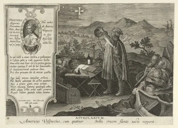 Amerigo Vespucci entdeckt das Kreuz des Südens mit einem Astrolabium, aus Nova Reperta, veröffentlicht 1600