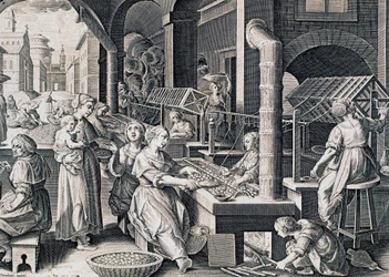 Vermis sericus, Frauen spinnen Seide und erhitzen Seidenraupen am Feuer, Gravur von Stradanus (1523-1605), Italien