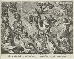 Schlangenfangen in Indien mit Keulen und Fackeln, um das Unterholz zu beleuchten, Tafel 44 aus Venationes Ferarum, Avium, Piscium (Über die Jagd: Wilde Tiere, Vögel, Fische) veröffentlicht 1640