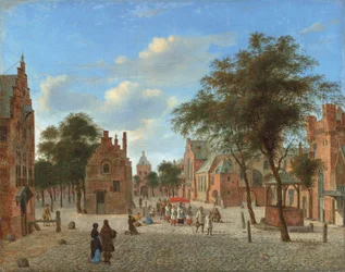 Ansicht eines Stadtplatzes mit einer Prozession während des Fronleichnamsfestes und Figuren, die vor der Hostie knien, um 1637-1712