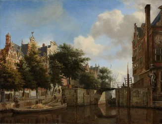 Stadtansicht von Amsterdam mit Häusern an der Herengracht und der alten Haarlemmersluis, um 1670