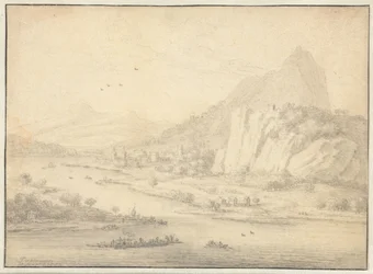 Gebirgige Flusslandschaft mit Booten