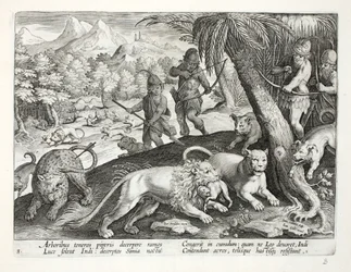 Indianer schießen Löwen mit Pfeilen, die Affen im Maul haben, Illustration aus 