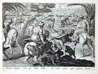 Mohren zu Pferde bei der Straußenjagd, Tafel 62, Illustration aus „Venationes, Ferarum, Avium, Piscium“ (Von der Jagd: wilde Tiere, Vögel, Fische), gestochen von Jan Collaert (1566-1628), veröffentlicht von Phillipus