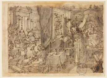 Entdeckung von Guajakum als Heilmittel gegen Geschlechtskrankheiten, Entwurf für "Hyacum et lues venerea," Platte 6 in der Nova Reperta (Neue Erfindungen der Neuzeit) Druckserie