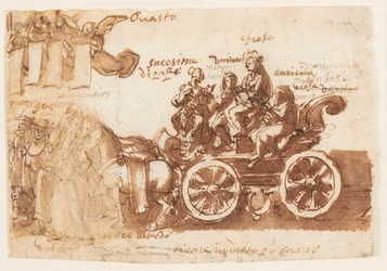 Seite eines Skizzenbuchs; Wagen und drei Pferde