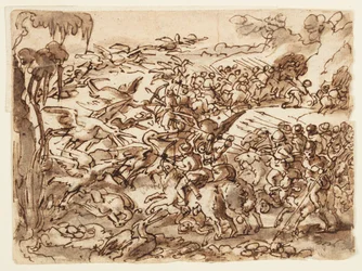 Recto: Kampf zwischen Pygmäen und Kranichen; Verso: Inschrift zu Plinius des Älteren Naturgeschichte, Buch 7, Kap. 2