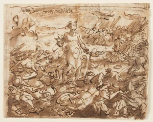 Recto: Samson, der die Philister besiegt hat, trinkt Wasser aus dem Kieferknochen eines Esels, Vorentwurf für "Spiritus Fortitudines" (Der Geist der Stärke), Platte 4 in der Druckserie "Die sieben Gaben des Heiligen Geistes". Verso: verdeckte Inschrift