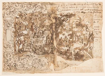 Tapisserie-Design mit Johannes dem Täufer beim Predigen (oder Christus unter den Zuschauern) (Recto); Inschrift (Verso)