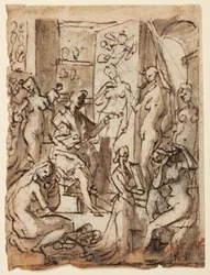 Recto: Zeuxis malt Helena; Verso: Studien von Figuren für eine Illustration des achten Kreises, zehnter Bolgia von Dantes Inferno (Fälscher: Maestro Adamo, Sinon von Troja, Potiphars Frau)