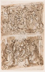 Recto, oben: Junger St. Johannes der Täufer von Engeln in der Wüste geführt; Recto, unten: Sacra Conversazione mit den Hl. Barbara und Katharina; Verso, oben: Kreuzigung; Verso, unten: Christus heilt Gelähmte am Teich Bethesda