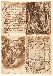 Recto, oben links: Passage über die Frau der Apokalypse, aus dem Buch der Offenbarung; Recto, oben rechts: Frau der Apokalypse; Recto, unten links: Frontispiz zur Druckserie über das Leben der Jungfrau; Recto, unten rechts: Krönung der Jungfrau