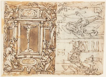 Skizzenbuchseite; Denkmal von Marcus Aurelius Antonius mit Sohn; Studie für einen Stich