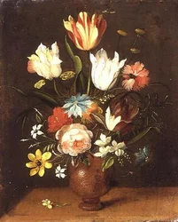 Tulpen, Rosen, Nelken und andere Blumen in einer Vase
