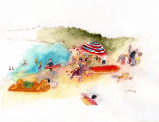 Strandsonnenanbeter und Surfer in der Hanalei-Bucht, ca. 2019