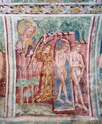 Hrastovlje befestigte Kirche, Dreifaltigkeitskirche, Adam und Eva aus dem Paradies vertrieben (1490), Detail aus Fresken von Janez Iz Kastva, Slowenien
