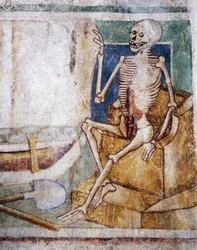 Hrastovlje Wehrkirche, Dreifaltigkeitskirche, Tod öffnet Grabplatte, Totentanz (1490), Detail aus Fresken von Janez Iz Kastva, Slowenien