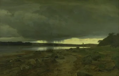 Ein regnerisches Landschaftsbild. Kalø Vig, Jütland