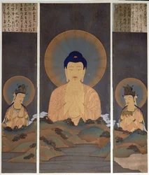 Erscheinung der buddhistischen Dreifaltigkeit, Buddha Amitabha und seine zwei Bodhisattvas, Kannon (Mitgefühl) & Seishi (Weisheit) auf dem Berg, Illustration aus der Zeitschrift 
