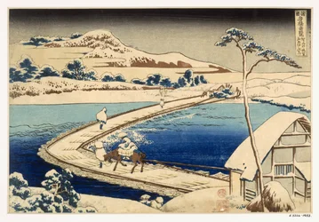 Brücke aus Booten in Sawa, 1830, Hokusai Katsushika (Handkolorierter Holzschnitt)