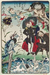 Karikatur von Japanern in westlicher Kleidung, ca. 1870 (Farbholzschnitt)