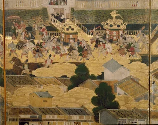 Detail von Ansichten in und um Kyoto (Rakuchu rakugai zu), ca. 1616-24 (Tinte, Farbe & Blattgold auf Papier)