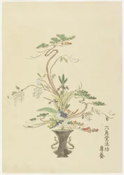 Blumenarrangement von Rokkakud? Ikenob? Seny?; Kiefer und Akazie