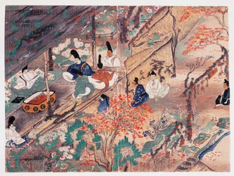 Heian-Politiker und Dichter Sugawara Michizane, bekannt als Tenjin-San (Himmlischer Geist), im Exil im Kitano Tenman-Gu-Schrein in Kyoto, verteilt Kleidung, die von einem ehemaligen Kaiser gespendet wurde, Kamakura-Periode, Japan