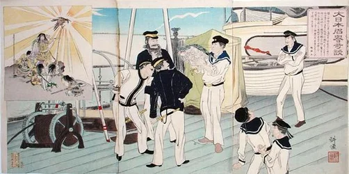 Japanische Matrosen bewundern ihr Adler-Maskottchen, eine Episode aus dem Chinesisch-Japanischen Krieg, späte 19. Jahrhundert