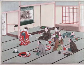 Japaner essen, trinken und werden im Teehaus unterhalten
