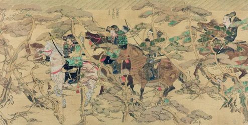 Japanische Soldaten zu Pferd reiten durch einen Kiefernwald während der mongolischen Invasion Japans im Jahr 1274, Illustration aus der Kokka-Zeitschrift, Mai 1921