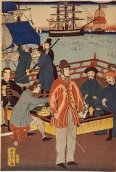 Ein Druck des Triptychons zeigt europäische Kaufleute, die mit Japanern Erfrischungen zu sich nehmen. Im Hintergrund sind Schiffe im Hafen von Yokohama, Japan.