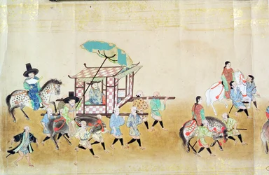 Teil der sechsten koreanischen Gesandtschaft nach Japan zur Zeit der Nachfolge von Tokugawa Ietsuna im Jahr 1651, möglicherweise von Kano Masunobu (1625-94) 1655-57 (Rollbild)