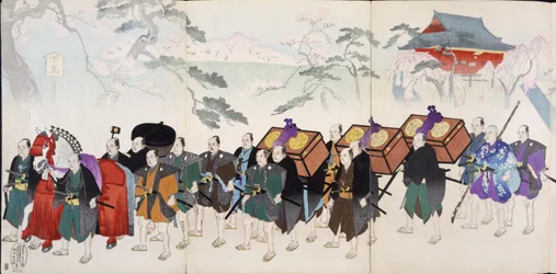 Samurai-Krieger auf dem Marsch, aus einem Album von Holzschnitten des 19. Jahrhunderts
