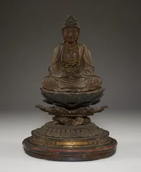 Sitzender Miroku Bosatsu (polychromiertes Holz mit Kristall, Metall und Blattgold)
