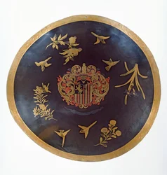 Schild mit den Wappen von Constantijn Ranst, für die Niederländische Ostindien-Kompanie, hergestellt in Bengalen und lackiert in Japan, ca. 1668