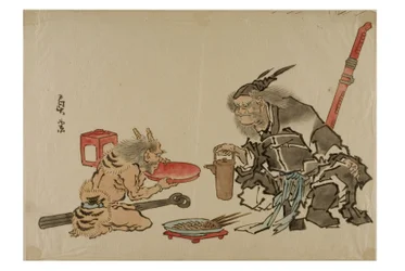 Shoki serviert einem Dämon Sake, ca. 1895-1905 (Tinte auf Papier)