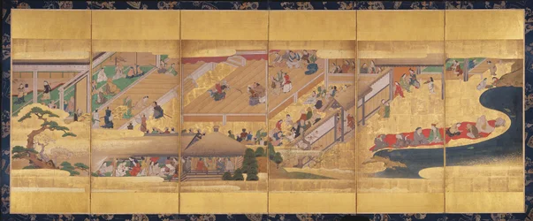 Sechsteiliges Paravent mit dem Noh-Spiel Funa-Benkei, ca. 1660