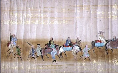 Sechste koreanische Gesandtschaft nach Japan in Meireki 1 zur Zeit der Nachfolge von Tokugawa Ietsuna im Jahr 1651, möglicherweise von Kano Masunobu (1625-94) (Rollbild) (Detail)