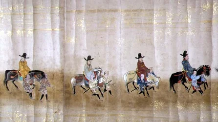 Sechste koreanische Gesandtschaft nach Japan in Meireki 1 zur Zeit der Nachfolge von Tokugawa Ietsuna im Jahr 1651, möglicherweise von Kano Masunobu (1625-94) (Detail)