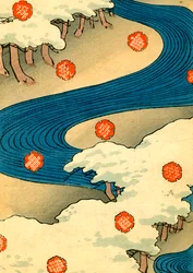 Schneeflocken fallen in einer Flusslandschaft