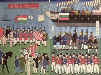Die Ankunft des Geschwaders von Commodore Perry in einem japanischen Hafen im Jahr 1853 (Farbholzschnitt)